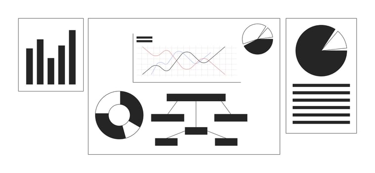 Corporate charts posters black and white 2D line objects set. Analysis diagrams. Analytical graphs presentation pages isolated clip arts outline items collection. Monochrome spot illustrations vector