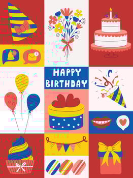 Bright Birthday greeting card. Colorful poster with symbols of holiday, celebration, anniversary. Decoration for festive event with cake, balloons, poppers, bouquet. Flat cartoon illustration. vector