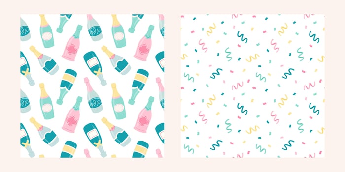Seamless patterns set of champagne bottles and confetti in pastel colors in cute cartoon flat style. Isolated on white. Valentine day, wedding, party, bachelorette party backgrounds. vector