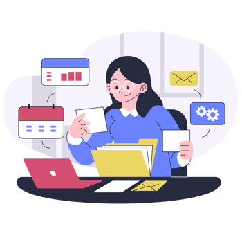 A woman is working at her desk with a laptop and a folder png