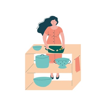 Attractive Brunette Pregnant Woman Cooking at Kitchen, Happy Pregnancy, Maternal Health Care Illustration vector