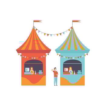 Street Vendor Booths with Fast Food, Market Food Counters, Retail Selling Kiosk, Local Market Illustration vector