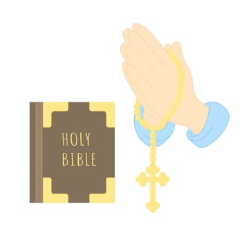 Hands in prayer with a rosary with a cross. Praying hands united for pray to god over bible. illustration vector