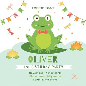 Happy birthday invitation card with cute frog. Invitation card template. vector