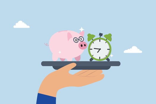 Pension fund investment for retirement, senior piggybank with alarm clock. vector