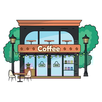 Cozy coffee shop with outdoor seating, vector