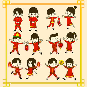 cute children characters wearing traditional chinese clothes for chinese new year celebration vector