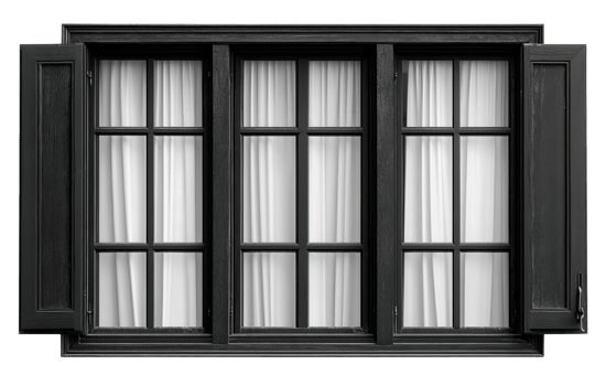 Black wooden window with shutters and curtains on transparent background png