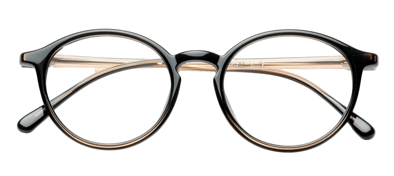 Round black and gold eyeglasses on transparent background png