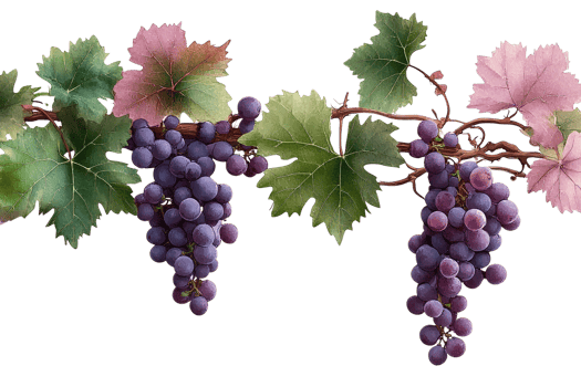Dark purple grapes on vine with green and pink leaves on transparent background png