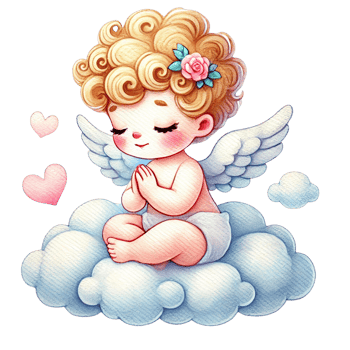 Cute angelic child resting on a cloud with a serene expression. Valentine's cartoon character. png