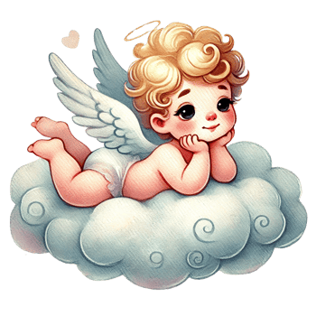 Cute angelic baby cherub resting on clouds with a dreamy expression. Valentine's cartoon character. png