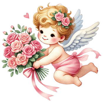 Cute cherub angel presenting a bouquet of pink roses. Valentine's cartoon character. png