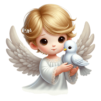 A cherubic angelic child with wings holding a peaceful dove. Valentine's cartoon character. png