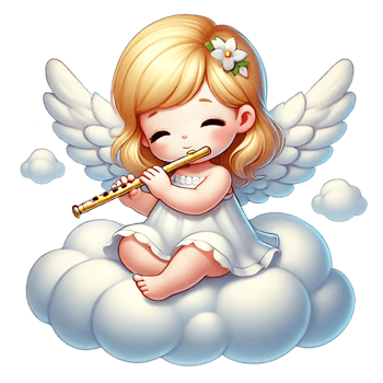 A joyful angel playing a flute on a fluffy cloud in bliss. Valentine's cartoon character. png