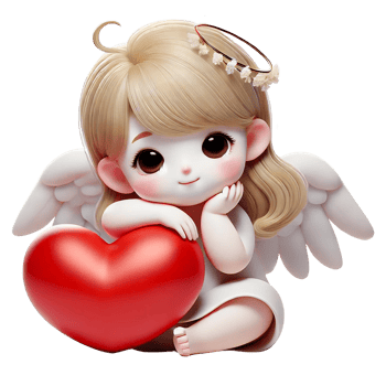 Cute angelic character holding a red heart in a playful pose. Valentine's cartoon character. png