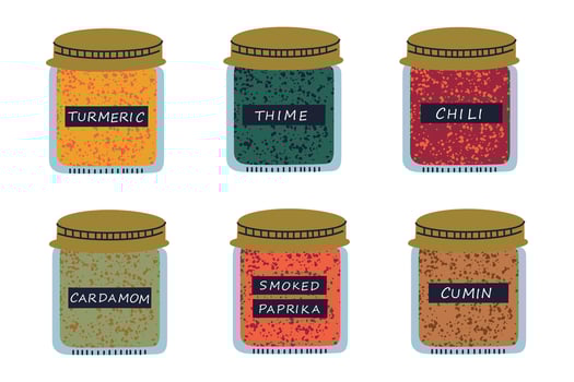 Set of glass jars with metal lids and black labels, colorful spices turmeric, cumin, and chili. illustrations of cardamom, thyme and paprika in flat cartoon style, culinary and kitchen designs vector