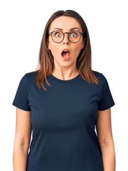 Woman with glasses, surprised look, casual t-shirt, vibrant lighting, isolated background. png