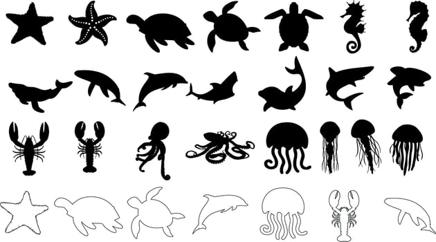 Sea animal silhouettes, marine life icons including starfish, turtles, seahorses, sharks, dolphins, whales, lobsters, octopuses, jellyfish. Black and white designs for aquatic theme vector