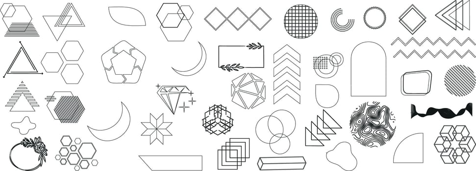 Abstract geometric shapes, modern minimalist design elements including circles, triangles, hexagons, diamonds, arrows, crescents, wavy lines, stars, grids, arches, cubes, and floral frames vector