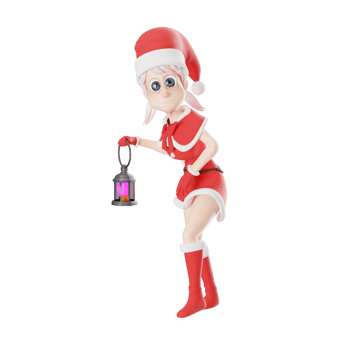 Santa Claus Girls Cartoon Character. A female Santa Claus master walks slowly while carrying a lantern in her right hand while her left hand is in front of her body. 3D Artistic Design png