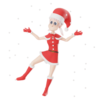 Girls Santa Claus 3D Artistic Style. A female Santa Claus master stands with her right leg slightly tilted to the right while her hands are open, surrounded by falling snow. Cartoon Design png
