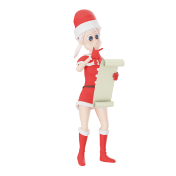 Artistic Cartoon Girls Santa Claus. A female santa claus master stands with her left hand holding a long paper containing a list and her right hand on her chin. 3D Character Art png