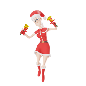 Girls Santa Claus 3D Character Style. A tall female Santa Claus master walks with both hands holding bells, her head slightly tilted. Cartoon Illustration png