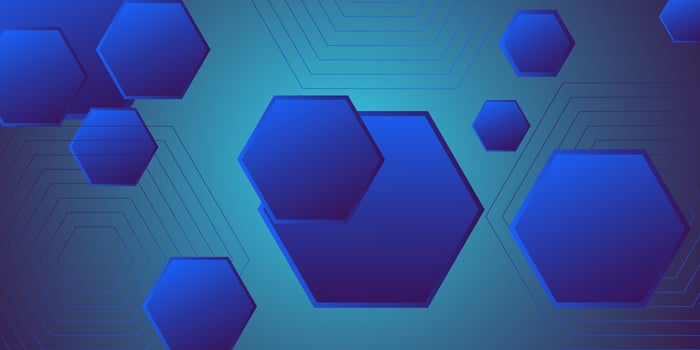 Dark blue dynamic gradient abstract background with shadow and light. Hexagonal pattern overlay shape. Cool design. Eps10 vector