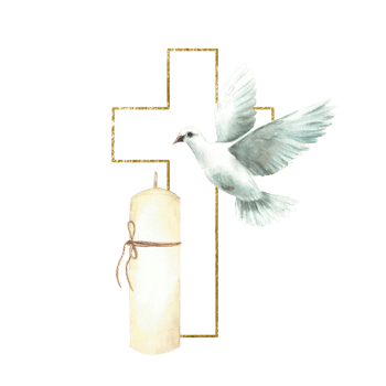 Cross with white dove and a church candle. Watercolor hand drawn illustration. Flying pigeon. Gold framed cross silhouette. Composition for baptism, wedding or first communion Isolated from background png