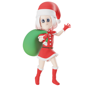 Artistic Girls Santa Claus Design. A Santa Claus girl walks with her right hand carrying a gift sack on her shoulder and waving her left hand. 3D Cartoon Illustration png