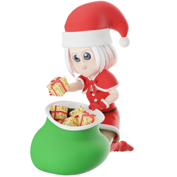 Girls Santa Claus Artistic Design. A Santa Claus girl sits behind a gift sack while holding a gift in her right hand. 3D Cartoon Illustration png