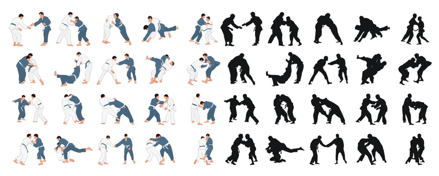Professional judokas silhouettes in training. Judo athletes black vector