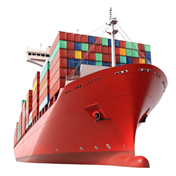 A large red cargo ship with many containers on it png