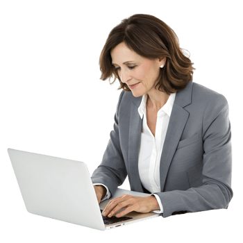 Professional Businesswoman in a Grey Blazer Working on a Laptop in a Corporate Office Setting png