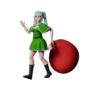 Girls Elf Christmas in 3D Design. A Christmas Elf Girl walks with her left hand carrying a sack of gifts and waving her right hand. Cartoon Illustration png