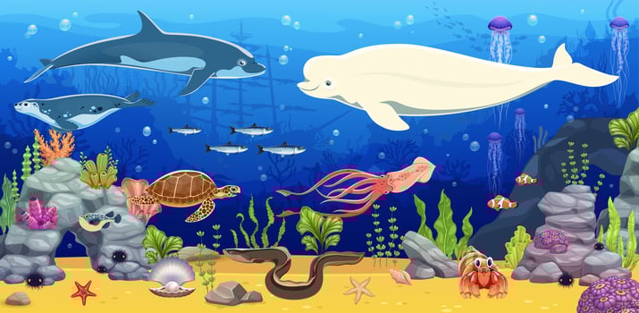 Cartoon underwater landscape, sea animals and fish vector