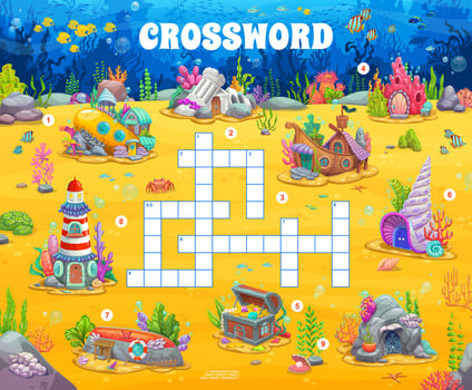 Crossword quiz game grid cartoon underwater houses vector