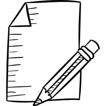 A black and white drawing of a pen and paper png