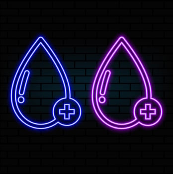 Neon water drop, blood drop. Water drops icon with glowing neon line and rain drops with neon symbol. vector