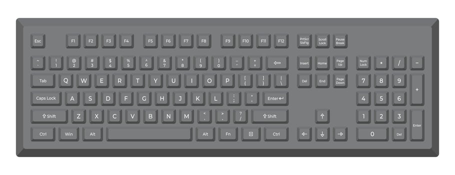 Black keyboard with letters and numpad in minimalist voluminous style. Illustration of keyboard in simple modern style. vector