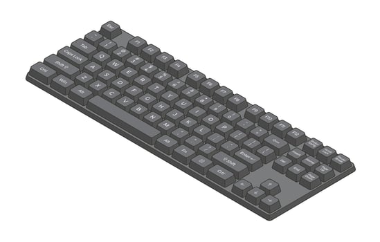 Black isometric keyboard with outline and letters and numpad in minimalistic volumetric style vector