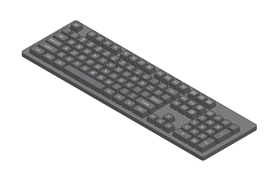 Black isometric keyboard with outline and letters and numpad in minimalistic volumetric style vector