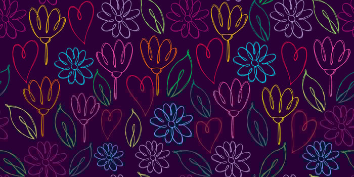 Colorful Seamless Pattern with Flowers, Leaves and Hearts with Grunge Effect. Retro herbs drawn with pencil. Artistic sketch of plants and herbs vector