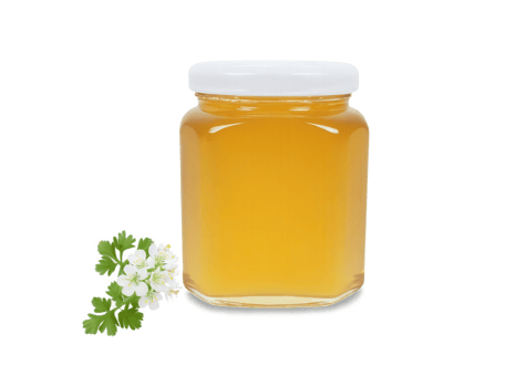 Coriander Blossom Honey , Coriandrum sativum Light amber honey with a subtle citrusy flavor, displayed in a clear jar next png