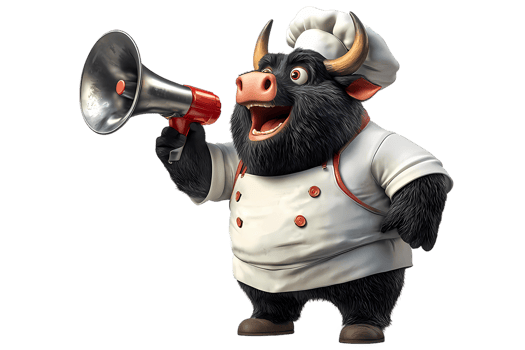 a cartoon bull in chef clothes holding a megaphone png