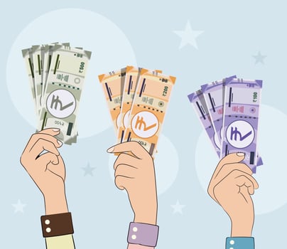 hand holding Indian currency rupee note vector