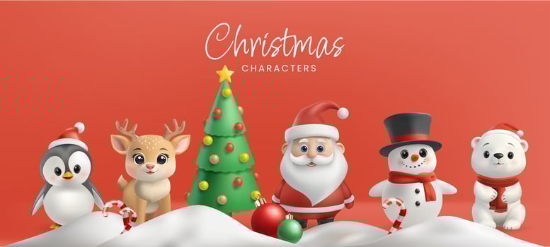 A 3D cute Christmas characters, including Santa Claus, a snowman, reindeer, penguin, and polar bear, all in festive red and white. Christmas tree, snow. Cartoon style, smiling, holiday icons. Not AI. vector