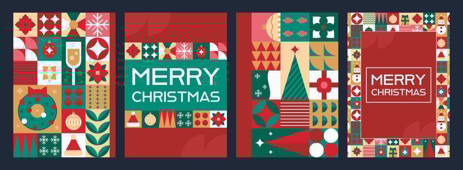 Christmas posters set with geometrical drawings, retro tile patterns with Holiday objects and patterns. illustration collection. vector