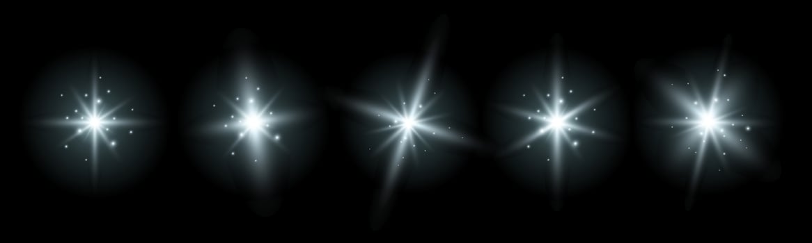 Set of glowing sparkles and stars, shining bursts with glitters and sequins around. Group of light effects on the black background. illustration. vector